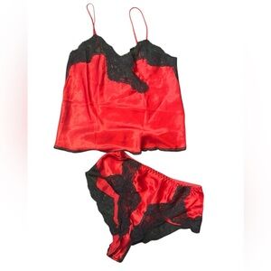 VTG Morgan Taylor’s Fantasies Red &Black Trim Two Piece Lingerie Shorts &Top Set